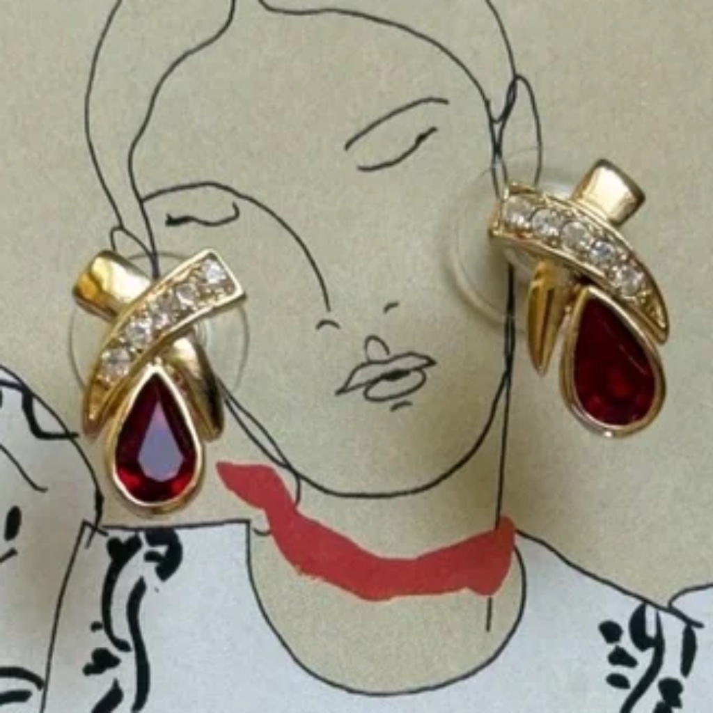 Vintage Roman Earrings Red And Rhinestone Tear Drop Post
